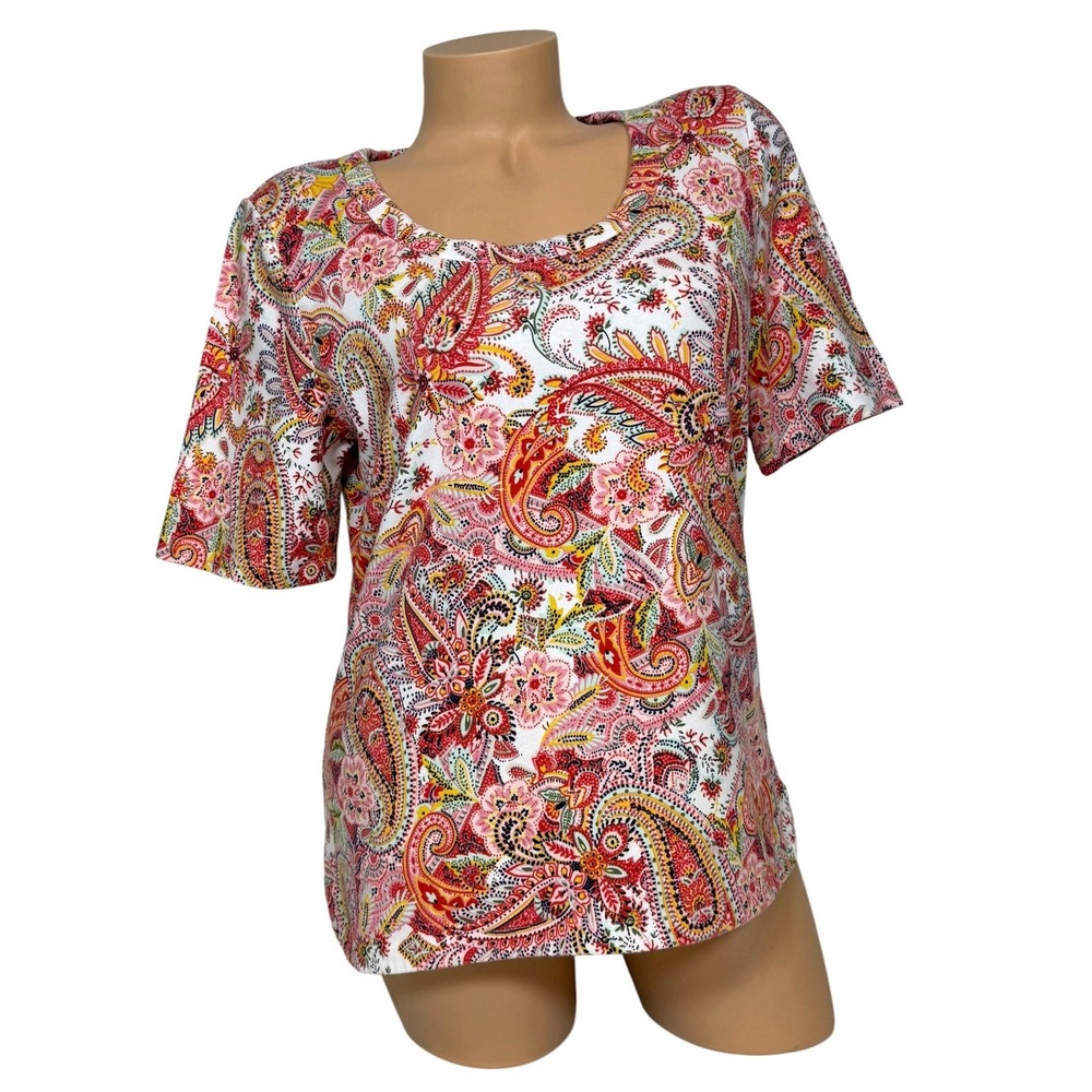 Talbots Tee Womens Petite Large LP Paisley Short Sleeve Scoop Neck Cotton Top